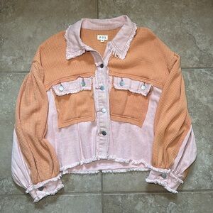 Boutique Brand POL distressed denim and waffle, puff sleeve jacket - size M